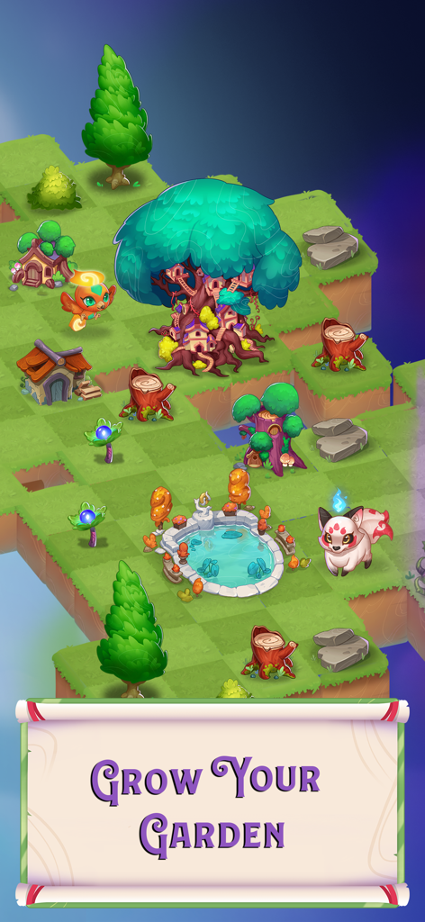 Merge Magic! - A colorful floating garden in Merge Magic featuring mythical creatures and a large enchanted tree with the text Grow Your Garden
