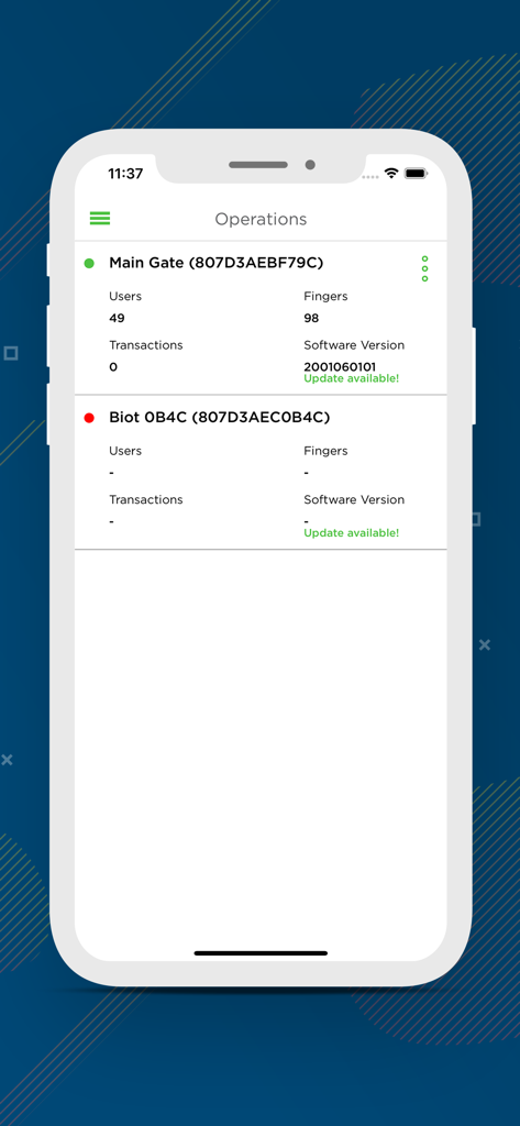 Spectra Biot App - Spectra Biot App Operations screen showing biometric device status and user details