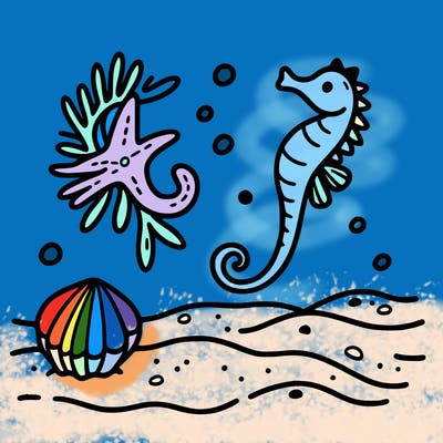 sand, sea horse, starfish