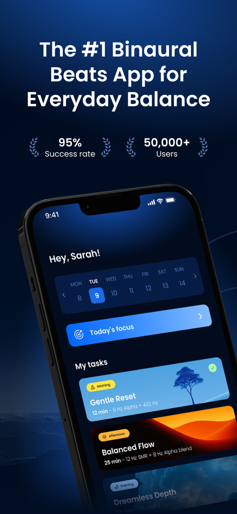 InnerFlo: Calm & Focus - Smartphone displaying the InnerFlo app interface with personalized binaural beats sessions for morning reset, afternoon focus, and evening sleep.