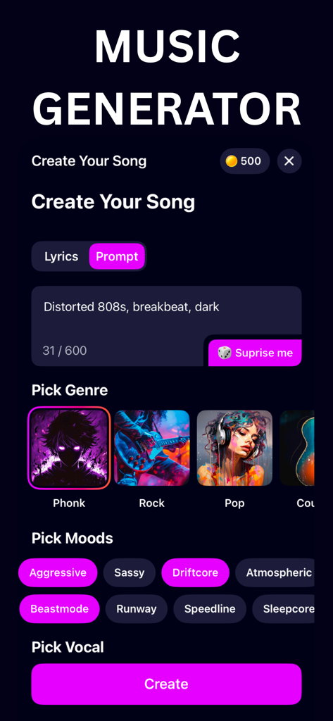 Phonk Maker - Phonky - Interfaz de la aplicación Phonk Maker mostrando opciones para generar música con IA usando indicaciones, géneros como Phonk y Rock, y estados de ánimo como Driftcore y Agresivo.
