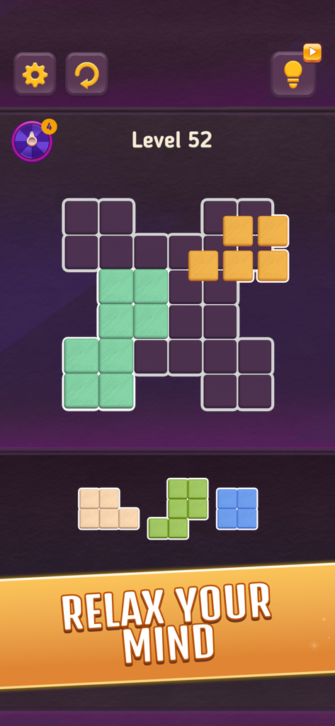 Block King Puzzle - A gameplay screenshot of Block King Puzzle showing a wood-themed level and the text relax your mind
