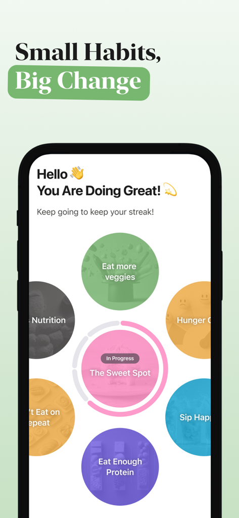 Smartphone screen displaying the Eated app habit dashboard with colorful goal circles and the headline Small Habits Big Change