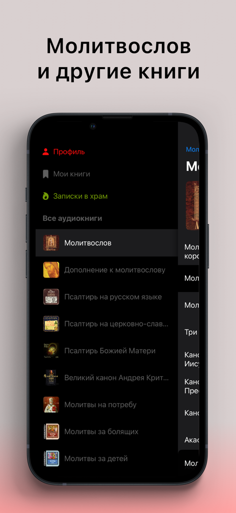 Interface of the Audio Prayer Book app displaying a list of Orthodox audiobooks and prayers in Russian.