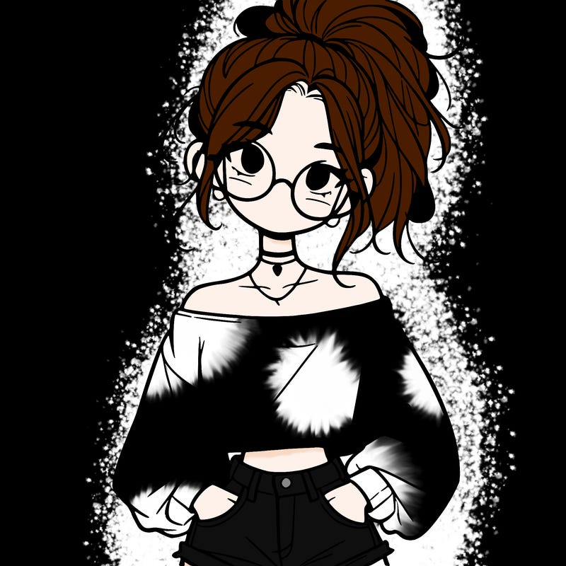 girl with a messy ponytail glasses a baggy crop top and jean shorts