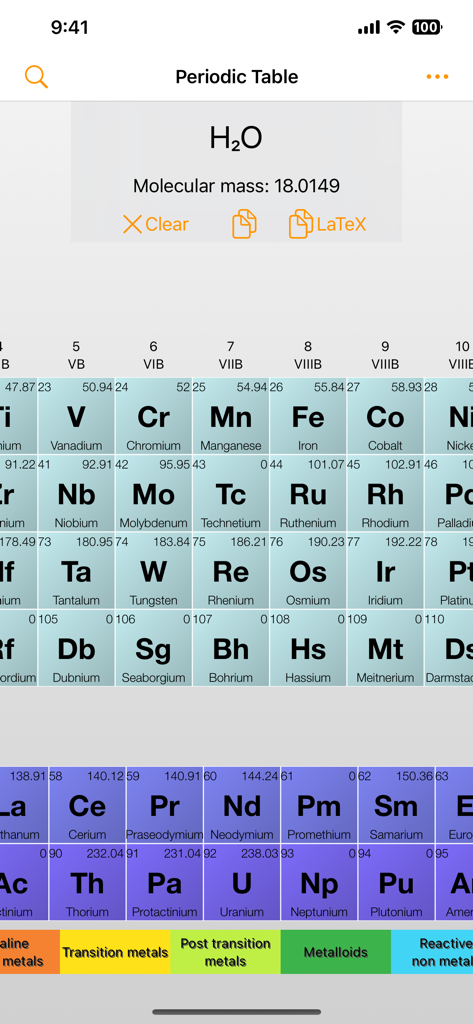 Periodic Table of Elements app showing the molecular mass calculation for H2O
