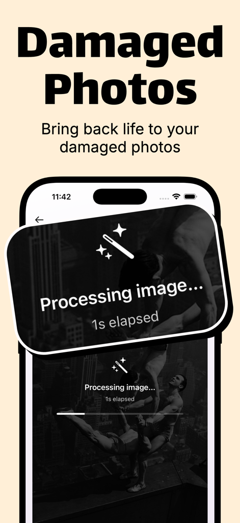 Restore Old Photos: ReMemory - Interface of the ReMemory app showing the AI processing of a damaged vintage black and white photo