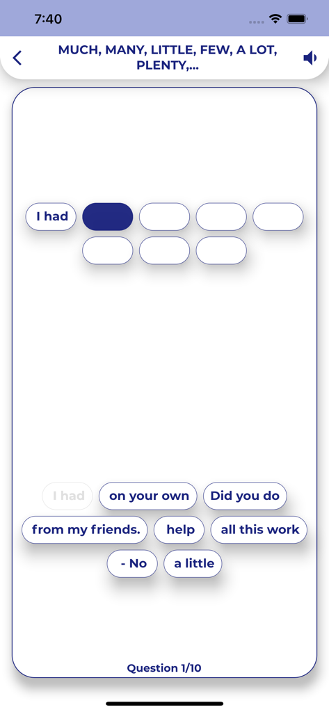 PORO - English Grammar - Sentence construction exercise in a mobile English grammar learning application