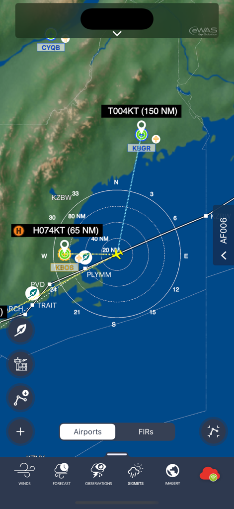 SITA eWAS for iPhone - Professional aviation weather map interface with flight paths and real-time wind data