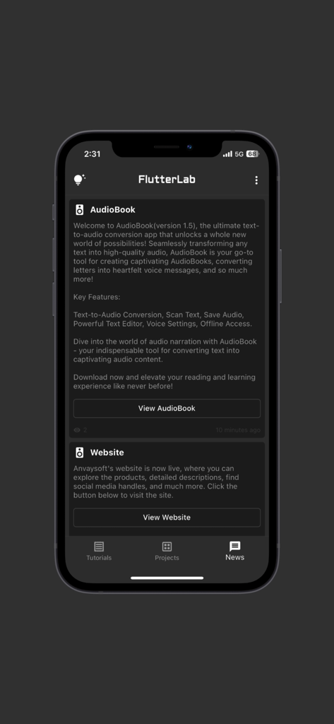 Pantalla de feed de noticias de la aplicación FlutterLab que muestra las últimas actualizaciones de proyectos y enlaces externos