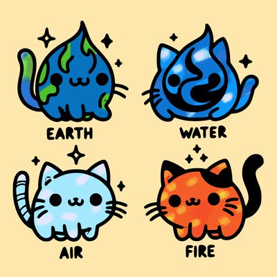 4 cats that represent the different elements, earth, water, air, and fire