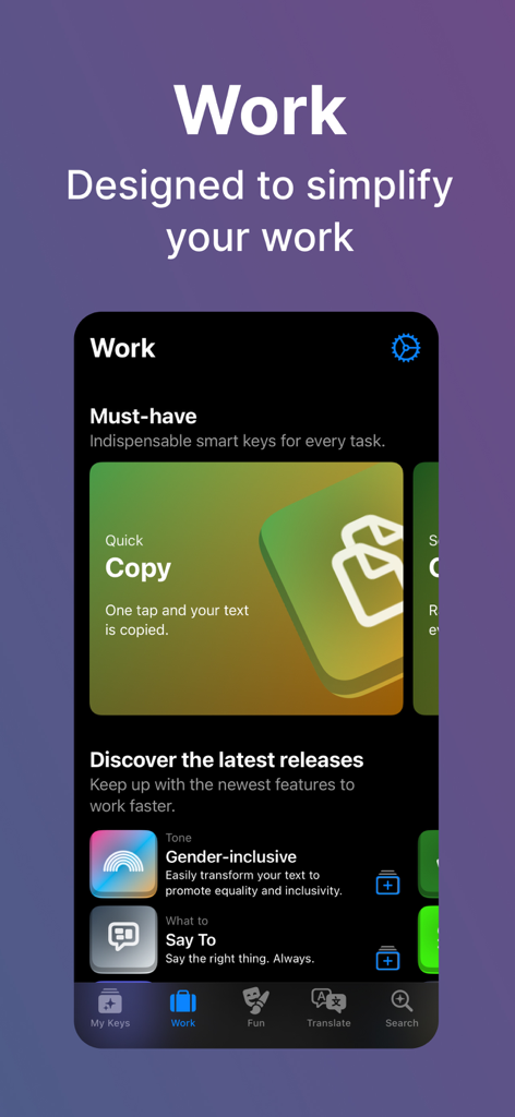 Pantalla de la aplicación IA Smart Keys que muestra funciones de productividad laboral como copia rápida y herramientas de escritura inclusivas en cuanto al género