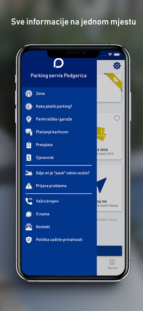 Main menu of the Parking Servis Podgorica mobile app showing parking zones and payment options