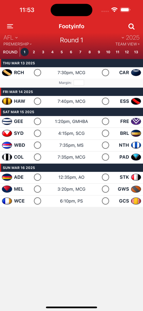 AFL Round 1 fixtures and match schedule for 2025 on the Footyinfo app