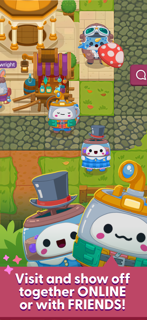 Cute blobling avatars wearing custom outfits hanging out together in a colorful online garden hub
