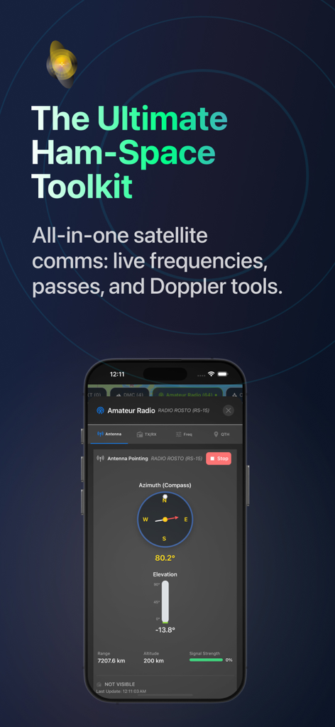 SpaceSight24 ISS & Starlink - Mobile app interface showing antenna pointing and azimuth for amateur radio satellite tracking