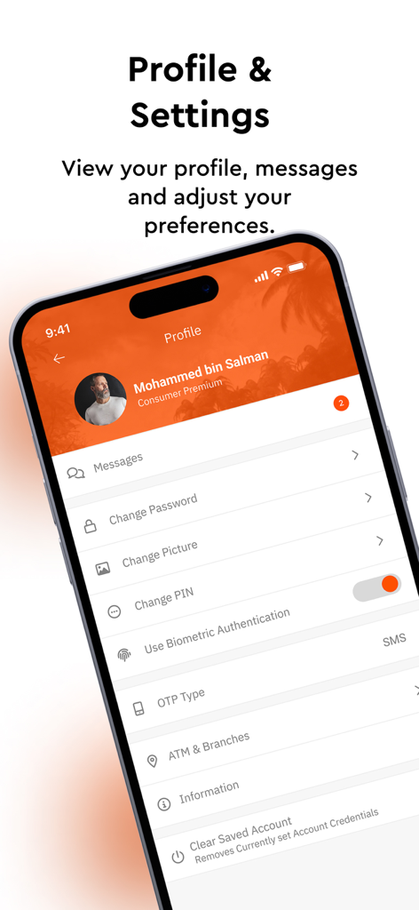 FaisaMobile by MIB - Profile and Settings screen of FaisaMobile by MIB app showing user account preferences and security settings