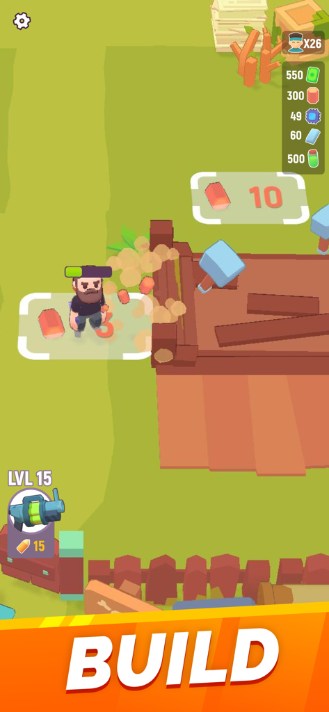 Gameplay mostrando a un personaje construyendo una base en Last Stronghold Idle Survival