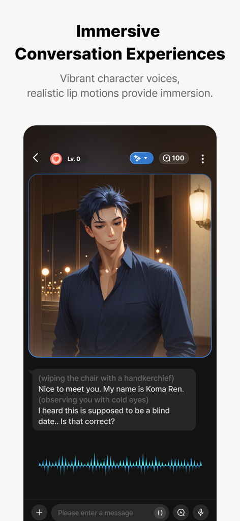 Almigo app interface displaying a lifelike AI chat with an anime character