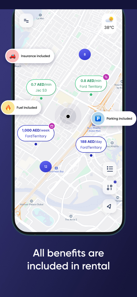 Udrive app map showing car rental locations in Dubai with per-minute and daily pricing including fuel and insurance