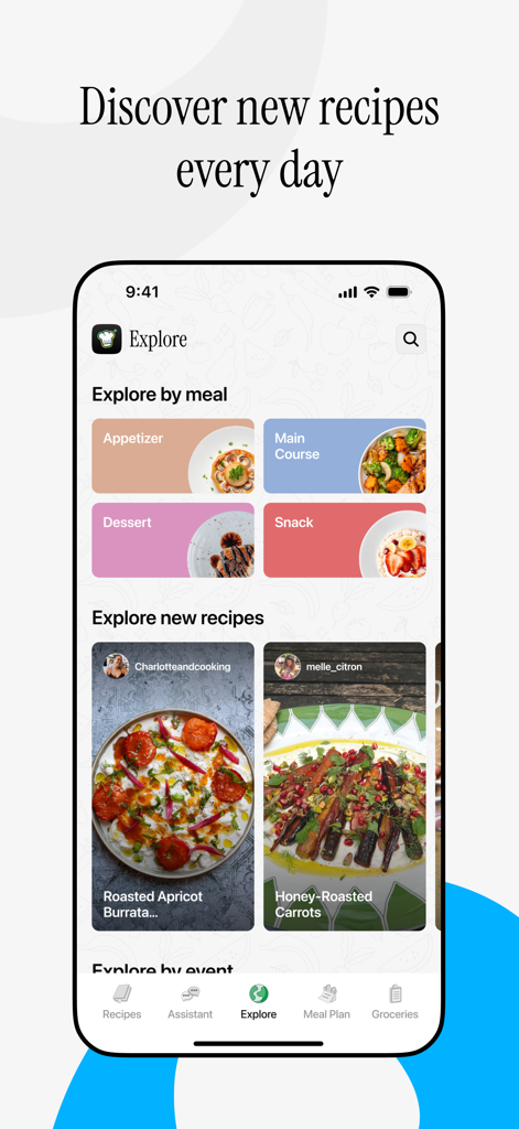 Interfaz de la aplicación WeChef que muestra categorías de comidas y sugerencias de nuevas recetas.