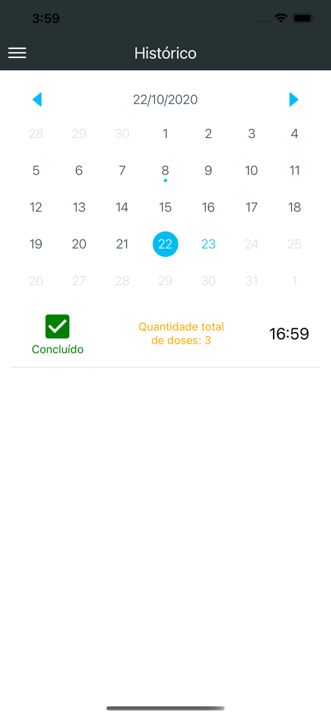 Insulin Calculator app history screen showing a monthly calendar with tracked insulin doses