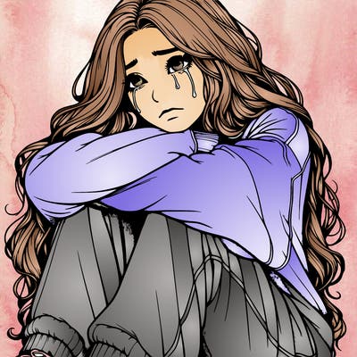 a girl with long hair wearing a sweatshirt and sweatpants.the girl is realistic and she has long hair that is also realistic.her head is on her knees and she is crying.she is sitting down and she looks sad