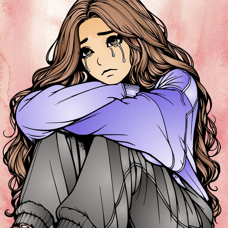 a girl with long hair wearing a sweatshirt and sweatpants.the girl is realistic and she has long hair that is also realistic.her head is on her knees and she is crying.she is sitting down and she looks sad
