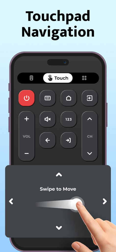 TV Remote, Universal Remote - Schermata dello smartphone che mostra l'interfaccia di navigazione touchpad dell'app di telecomando TV universale con un gesto di scorrimento per muoversi