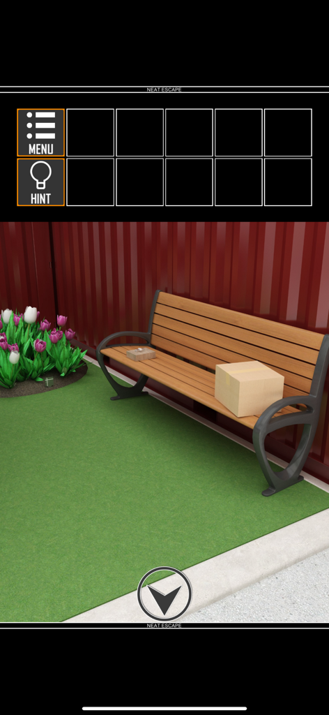 Escape Game:Warehouse - Wooden bench with a cardboard box and purple flowers in a room escape game