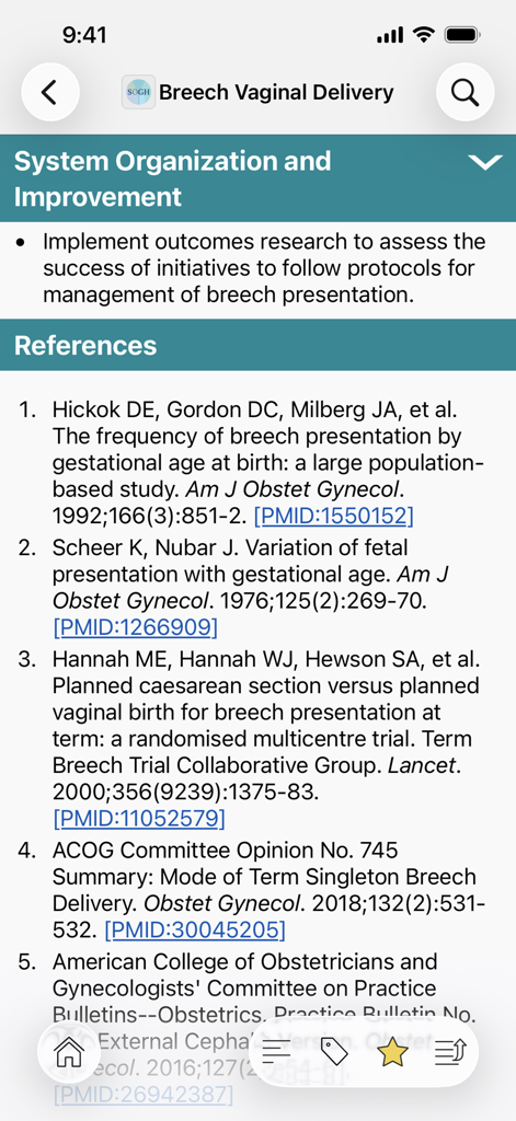 SOGH: OB/GYN Resource Center - Referencias médicas de la aplicación SOGH para el manejo del parto vaginal de nalgas