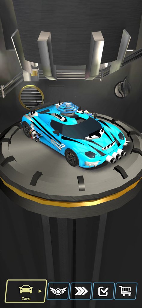 Chaos Road: 3D Car Racing Game - A blue combat racing car with mounted weapons and spikes in a 3D garage