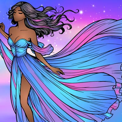 realistic woman in dress flowing the the wind