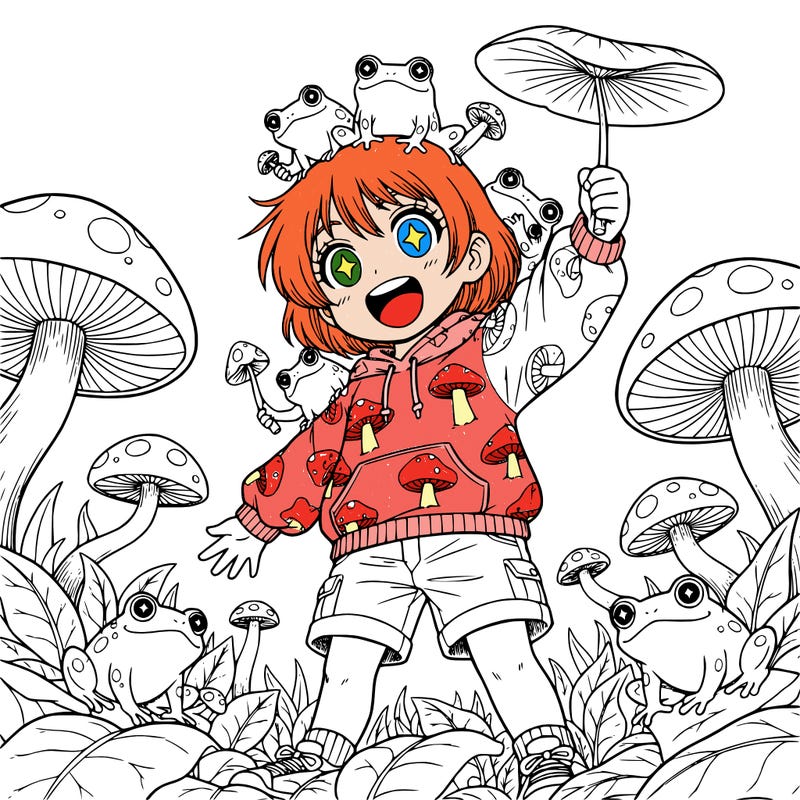 a girl with short hair and mushrooms and frogs lea