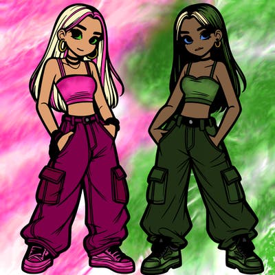 2 teen girls wearing baggy cargo jeans and crop tops