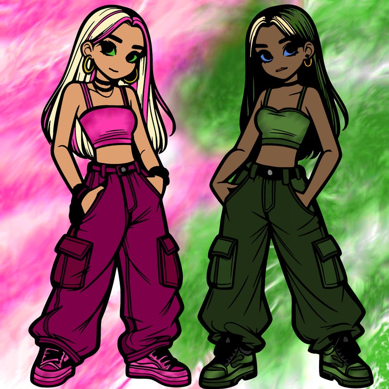 2 teen girls wearing baggy cargo jeans and crop tops