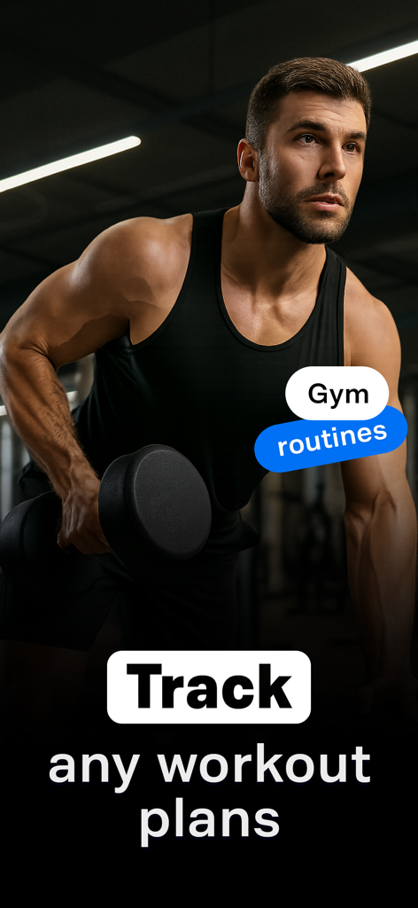 TrackSet: Workout & Gym Log - Un hombre realizando un remo con mancuerna en un gimnasio para registrar su plan de entrenamiento