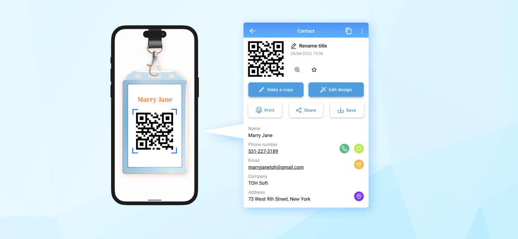 Interfaz de una aplicación de smartphone para generar un código QR para una tarjeta de presentación de contacto digital
