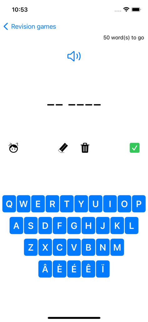 WordTheme app spelling revision game interface with keyboard and audio icon