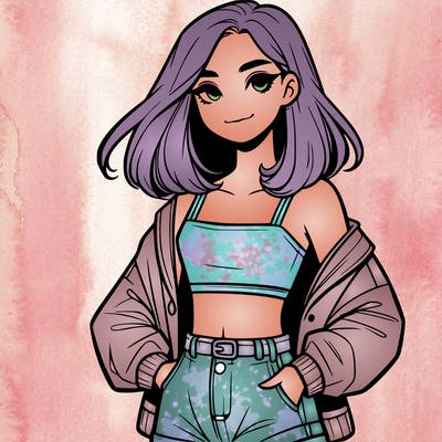 a realistic girl with a crop top and short shorts in an open jacket