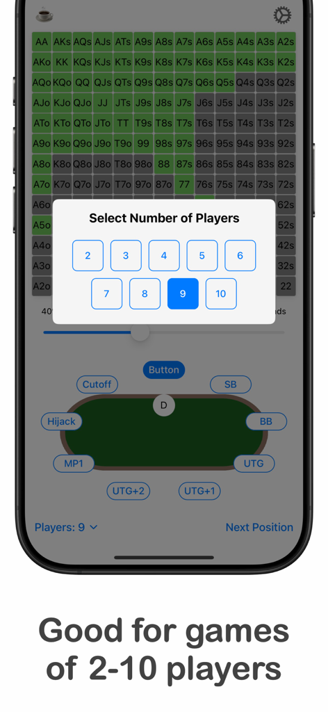 Poker Range Calculator - Screen for selecting the number of players from 2 to 10 in the Poker Range Calculator app.