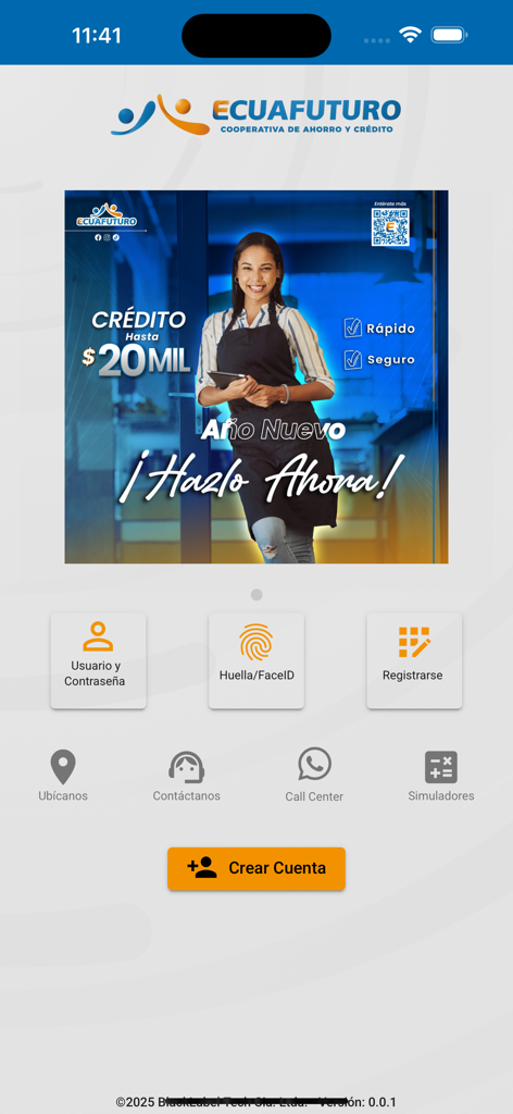 EcuaMovil login screen with credit advertisement and biometric access options