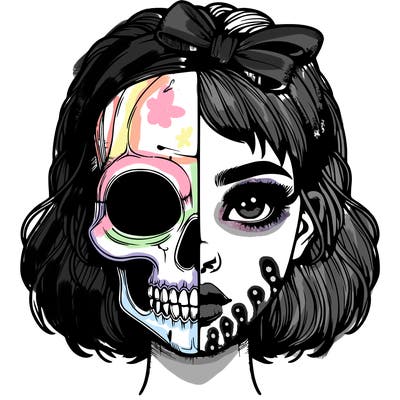 realistic girl with half skull mask