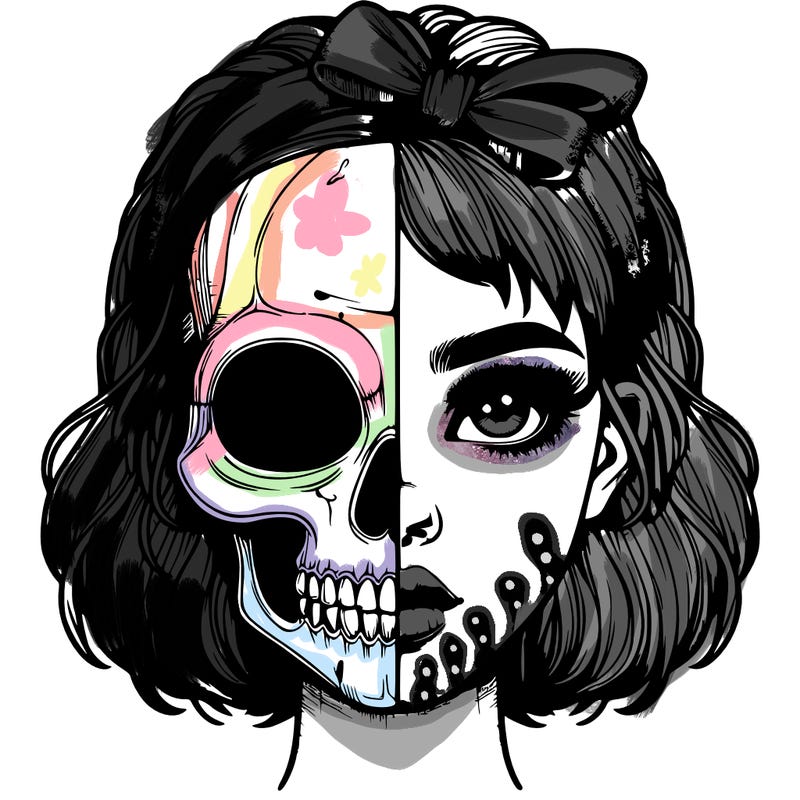 realistic girl with half skull mask