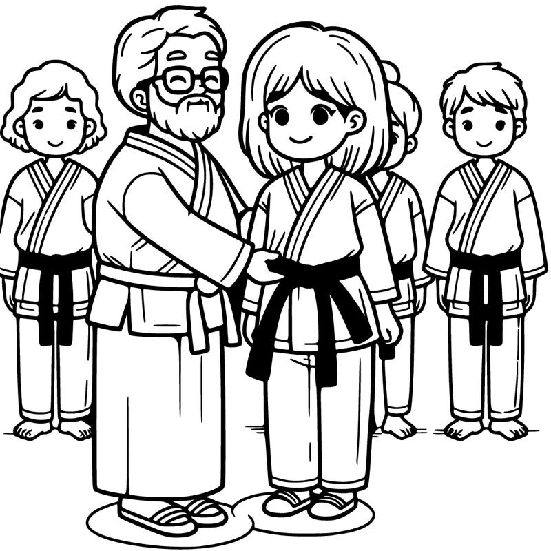 a girl being presented with her red belt by a grand master in front of her fellow students