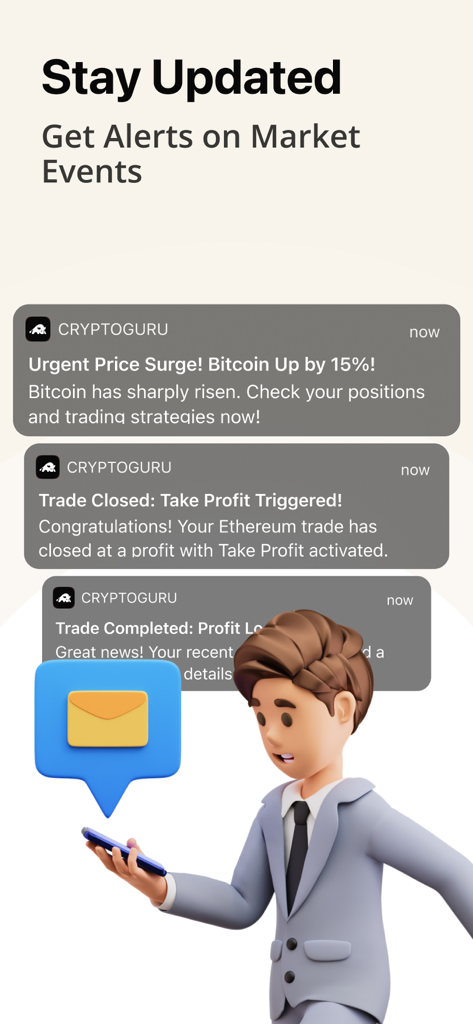 Push notifications for Bitcoin price alerts and trading profits on a mobile screen