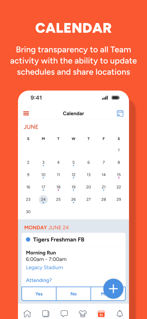 sportsYou - mobile app screenshot of the sportsYou calendar showing a football team's morning run schedule and location
