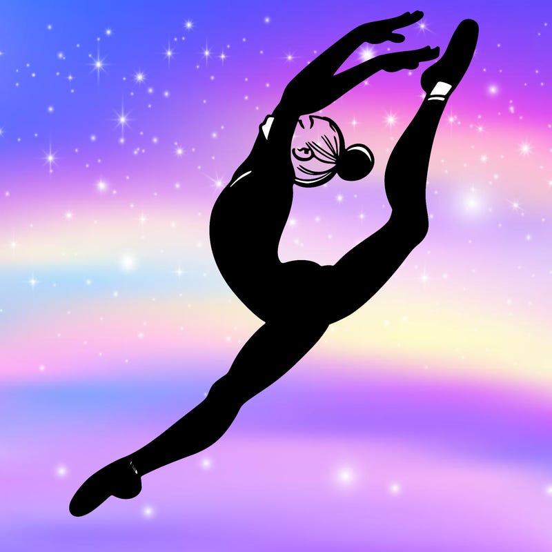 gymnast doing a leap in a leotard with a bent back leg