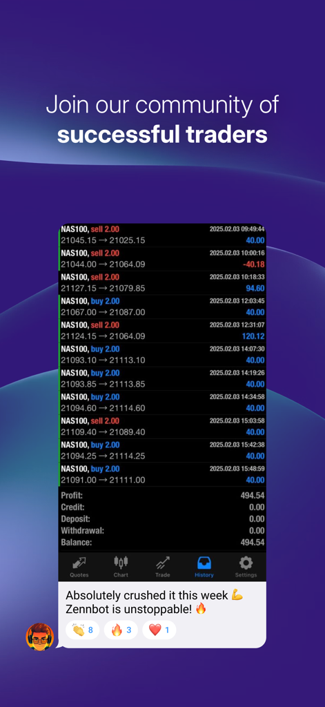 Zennbot - A mobile screenshot showing a list of successful NAS100 trades and a positive user testimonial in the Zennbot app.