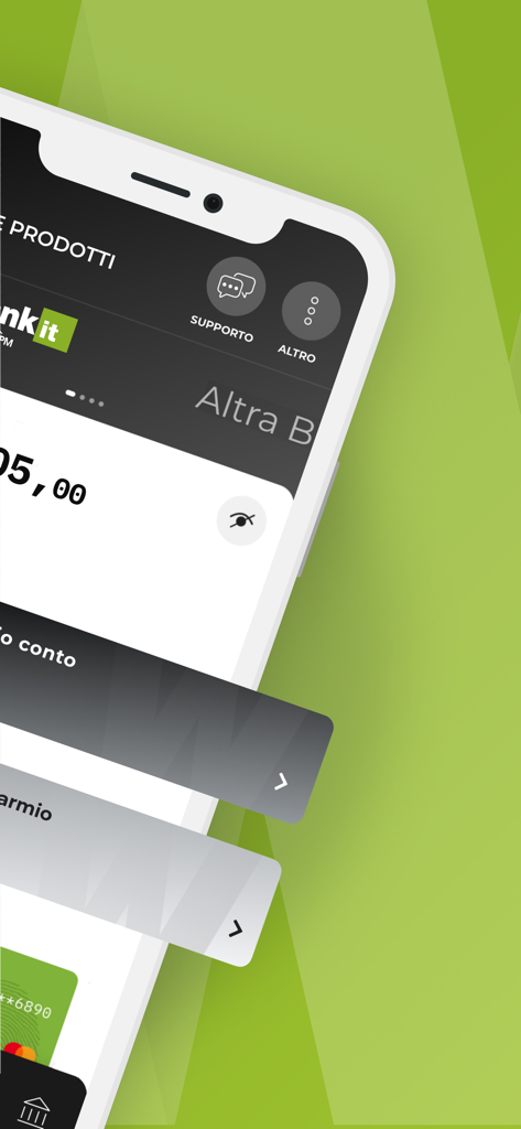 Interfaccia dell'app mobile Webank che mostra il saldo del conto e gli strumenti di gestione finanziaria su uno smartphone